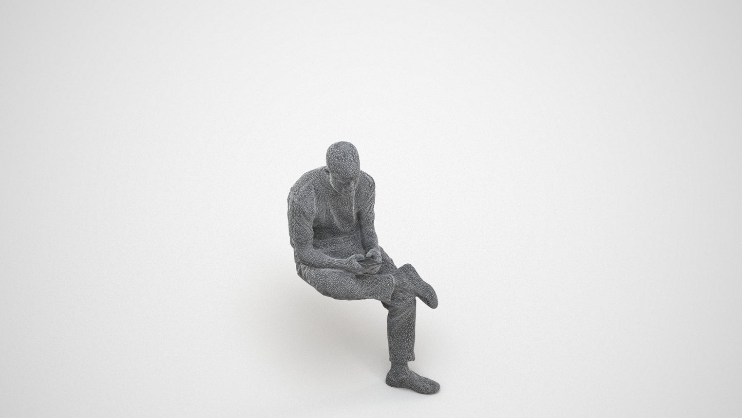 3D scanned man sitting casual, photorealistic archviz people for Enscape and SketchUp, wireframe three-quarter view
