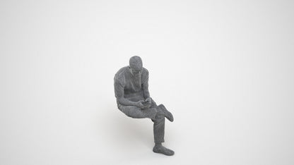 3D scanned man sitting casual, photorealistic archviz people for Enscape and SketchUp, wireframe three-quarter view