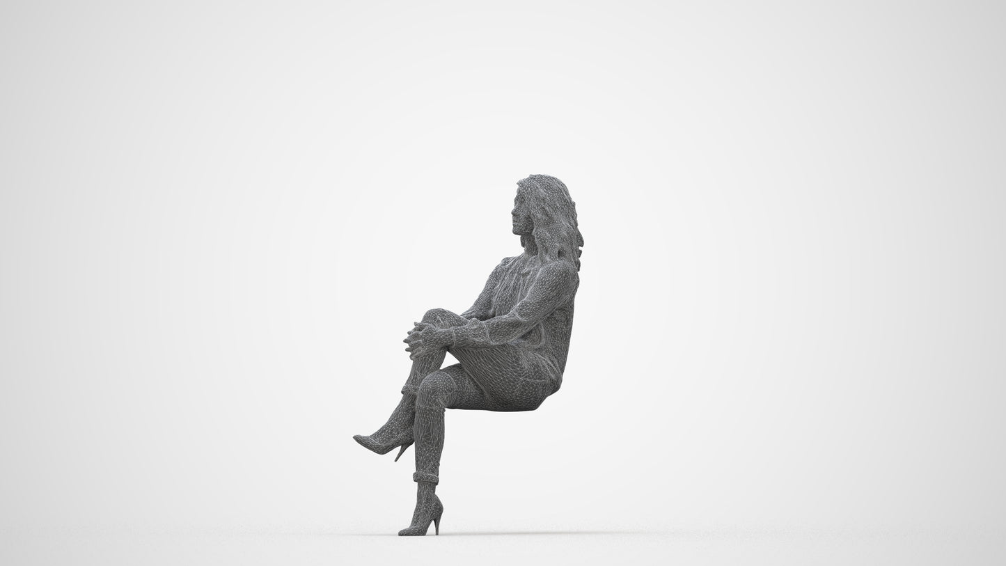 realistic 3D woman casual sitting, scanned archviz people for Blender and 3ds Max, wireframe back view