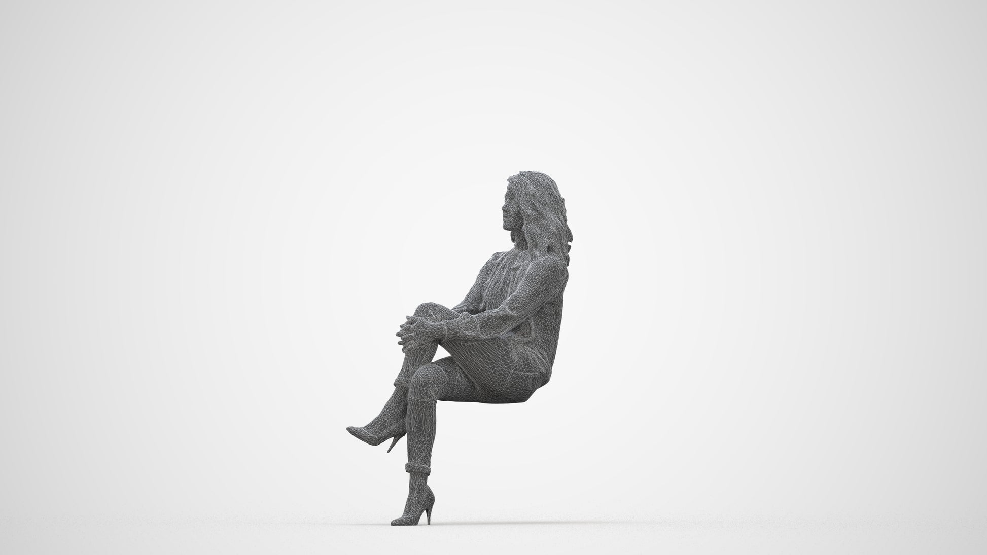 realistic 3D woman casual sitting, scanned archviz people for Blender and 3ds Max, wireframe back view
