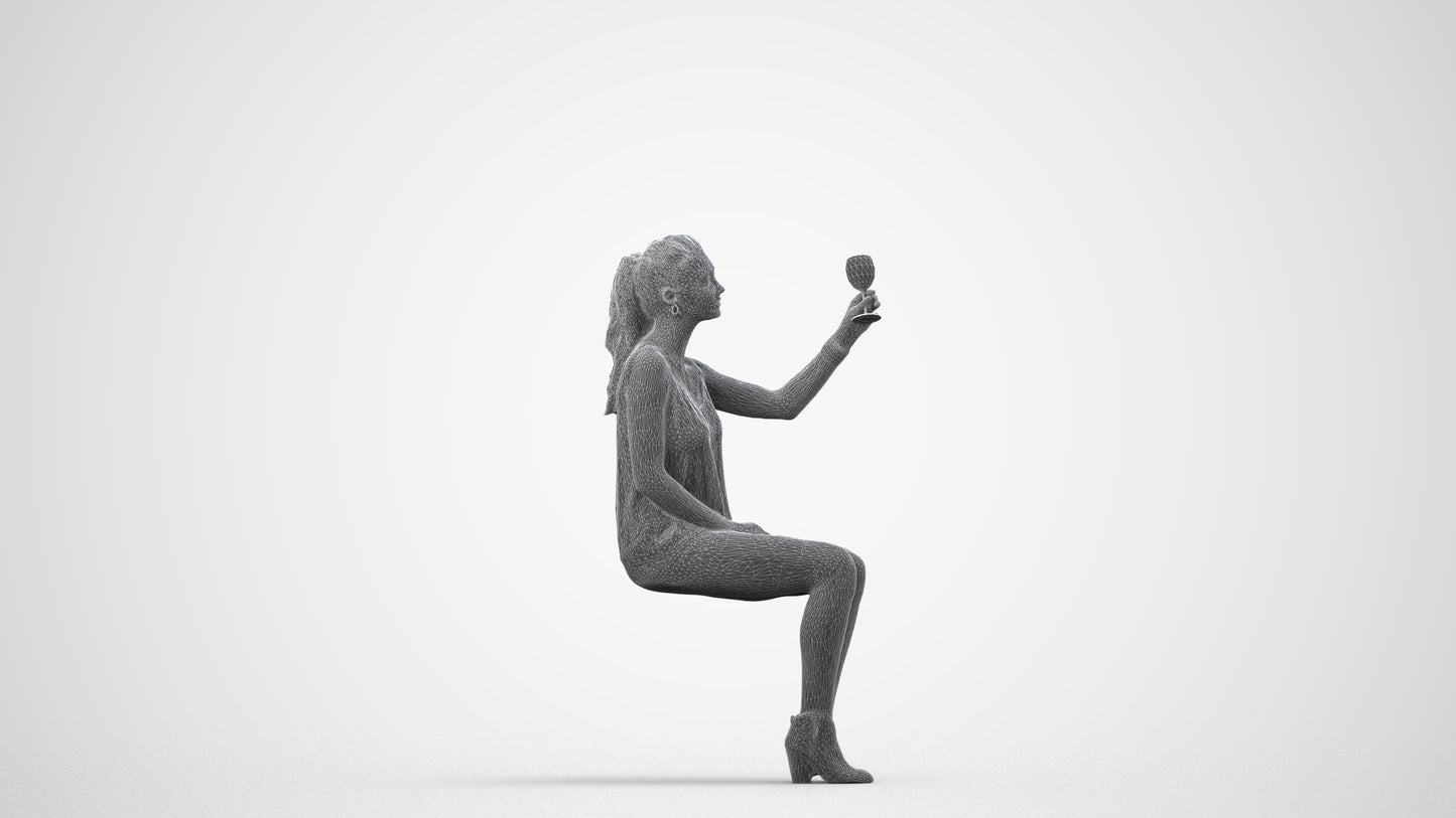 realistic 3D people girl casual sitting, render-ready for V-Ray and Corona, FBX OBJ, wireframe side view