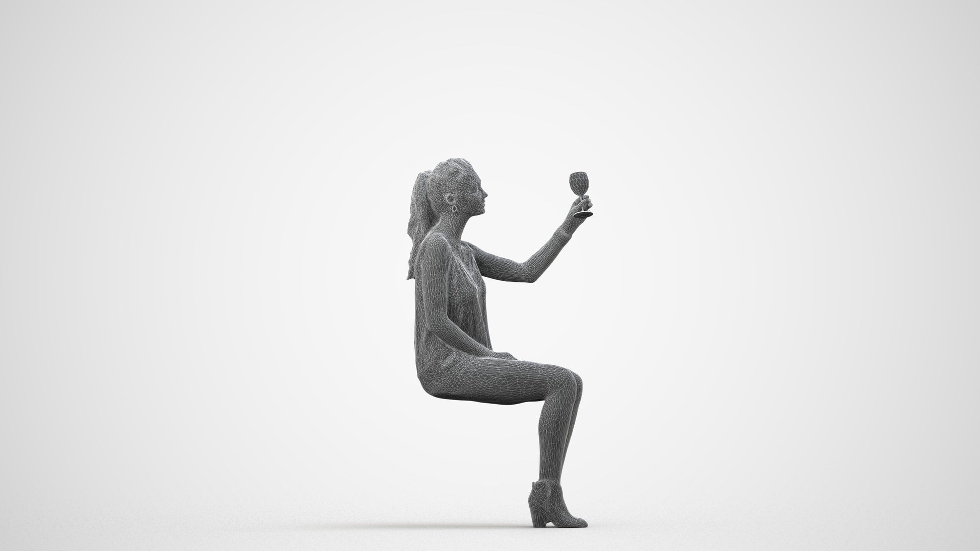 realistic 3D people girl casual sitting, render-ready for V-Ray and Corona, FBX OBJ, wireframe side view