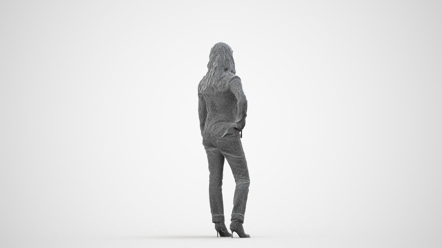 3D people model woman casual standing, scanned human for 3ds Max rendering, wireframe side view