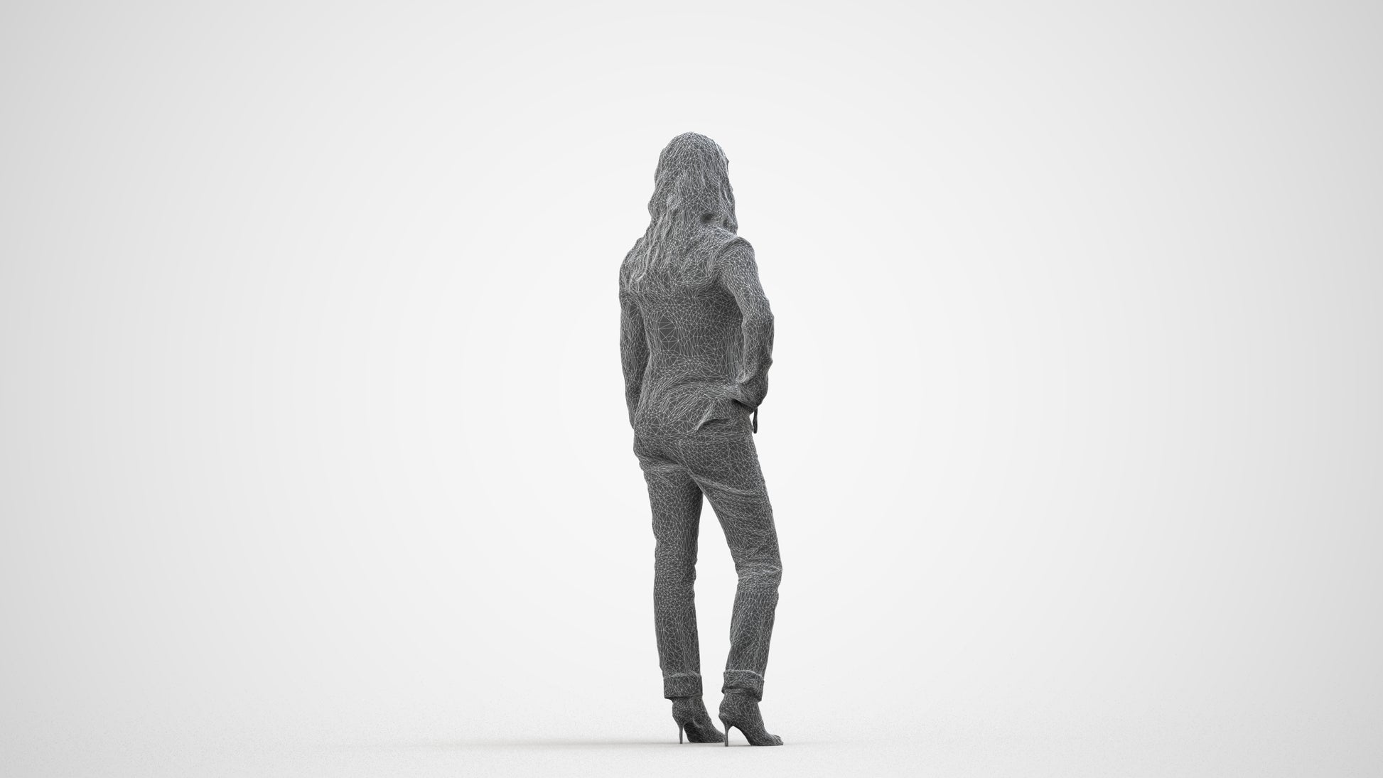 3D people model woman casual standing, scanned human for 3ds Max rendering, wireframe side view