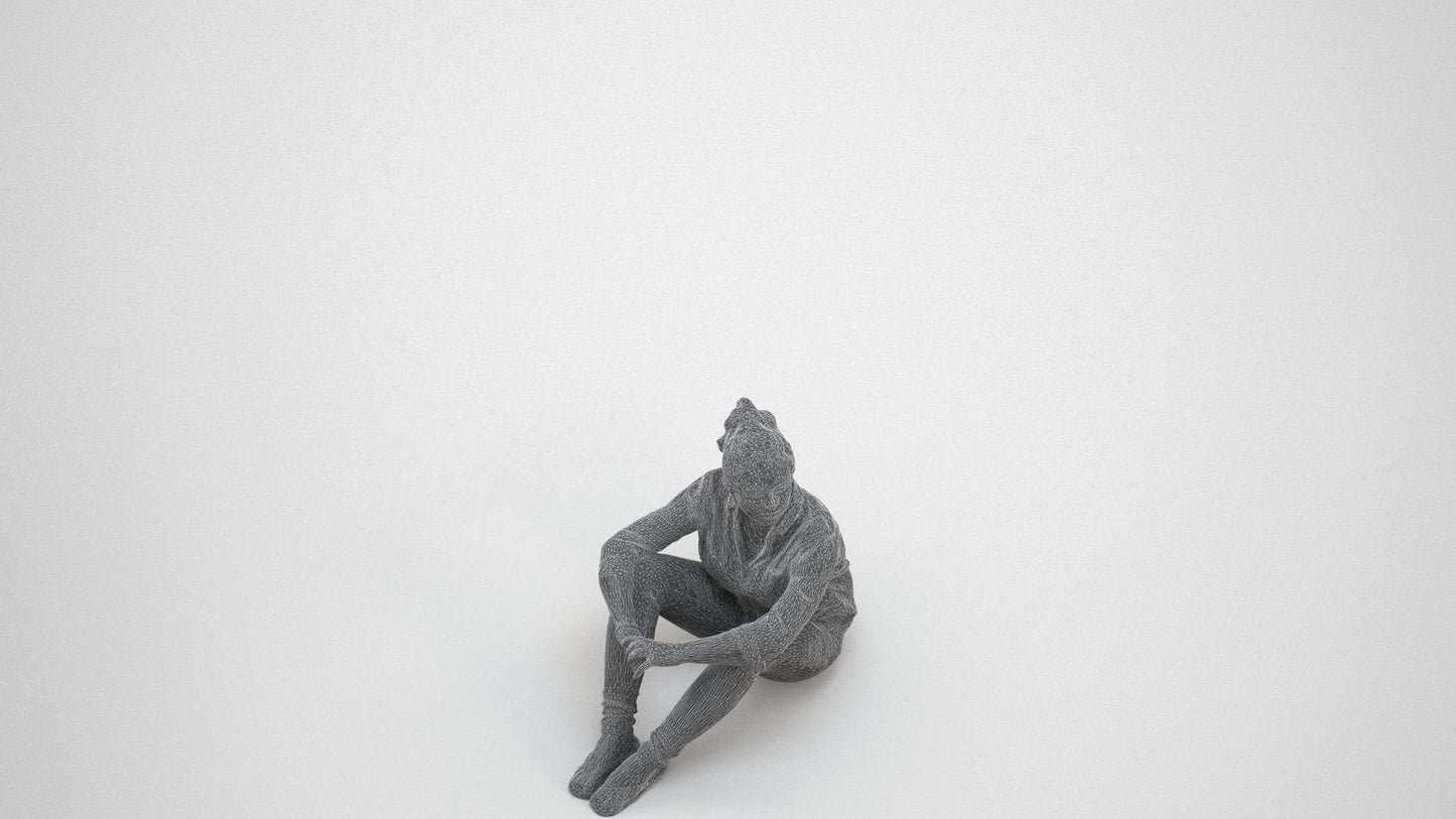 photogrammetry 3D woman casual sitting, realistic human model archviz FBX, wireframe three-quarter view