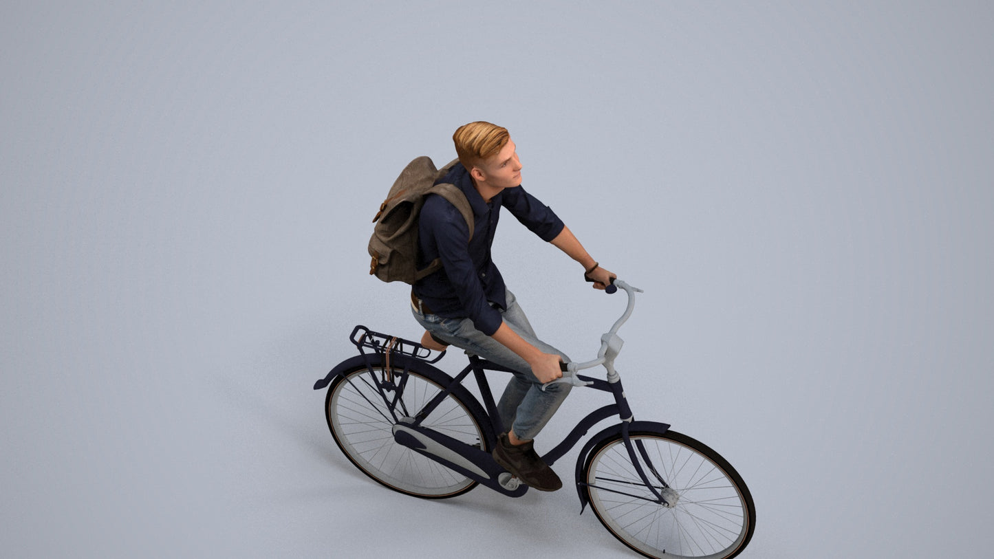 photogrammetry 3D man casual cycling, realistic human model archviz FBX, back view render