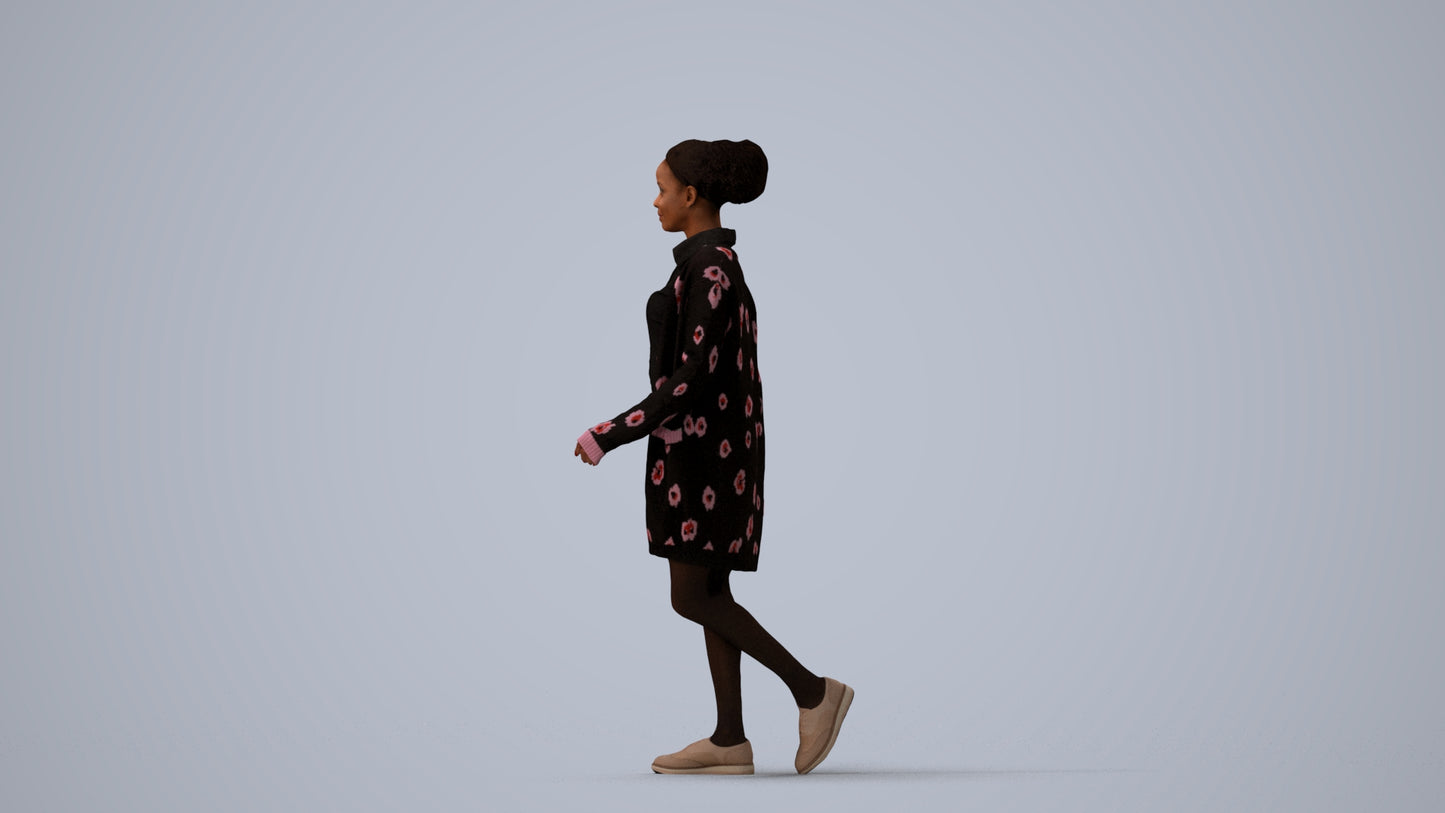 3D scanned woman walking casual, photorealistic archviz people for Enscape and SketchUp, three-quarter view render