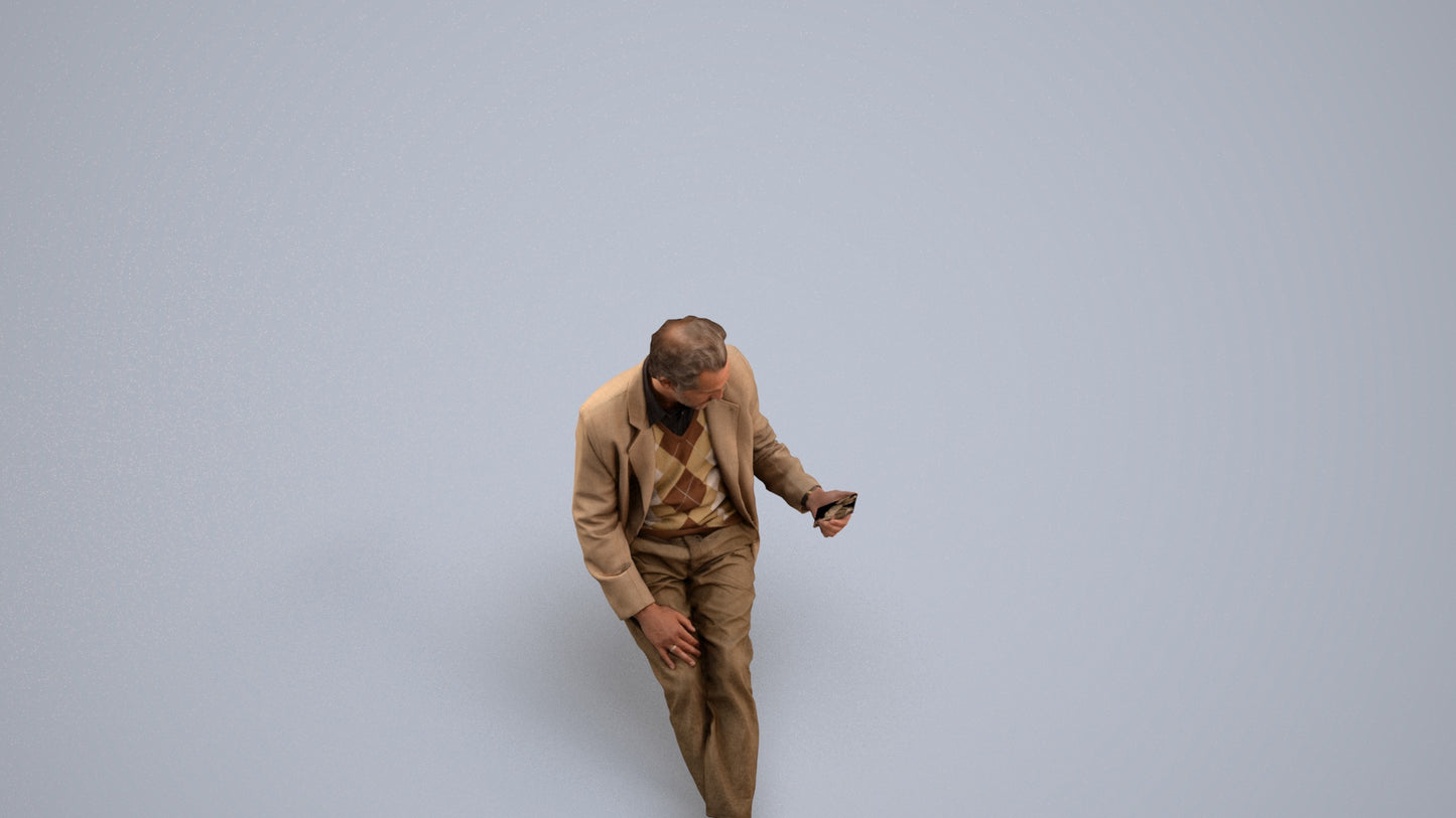 realistic 3D senior man business sitting, scanned archviz people for Blender and 3ds Max, back view render