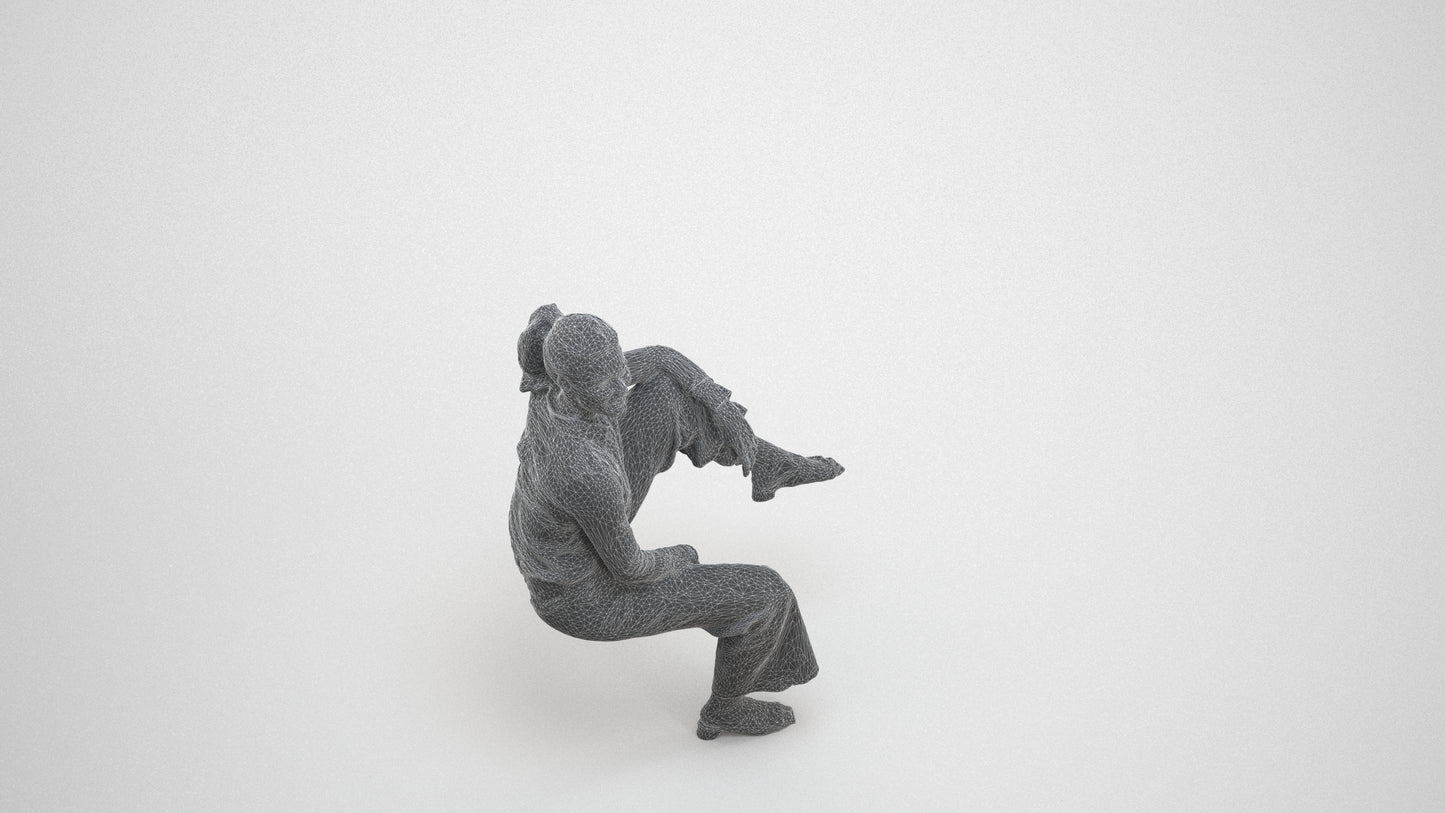 scanned 3D woman casual sitting, photogrammetry people for Enscape and V-Ray, wireframe three-quarter view