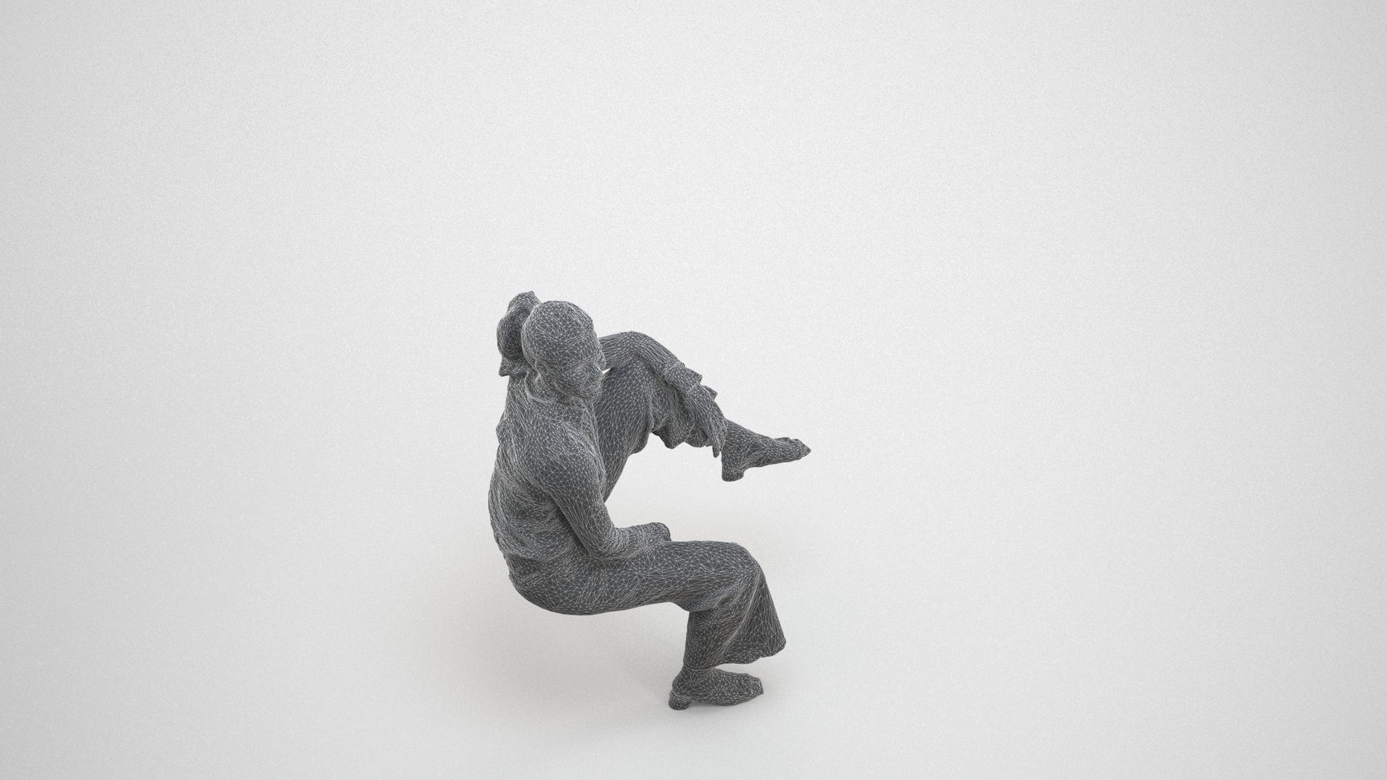 scanned 3D woman casual sitting, photogrammetry people for Enscape and V-Ray, wireframe three-quarter view