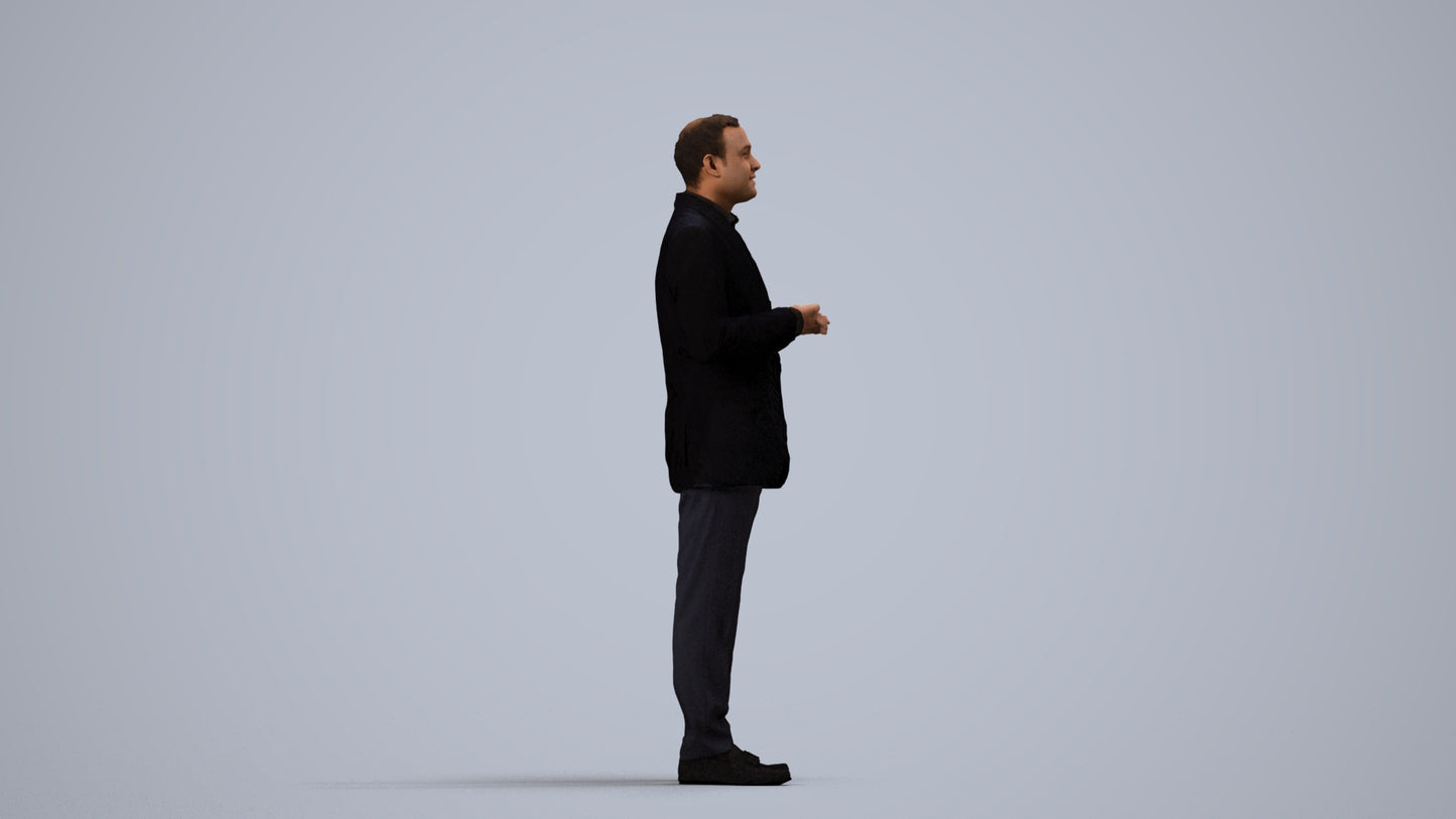 realistic 3D human man formal standing, archviz people FBX OBJ for Blender, side view render