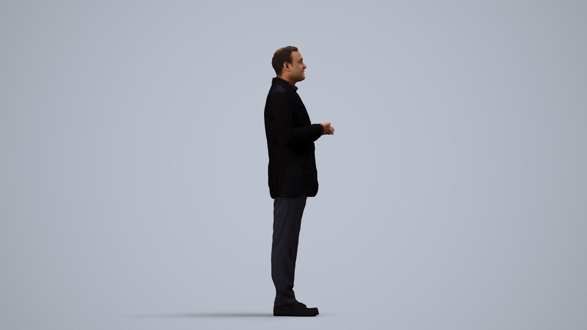 realistic 3D human man formal standing, archviz people FBX OBJ for Blender, side view render
