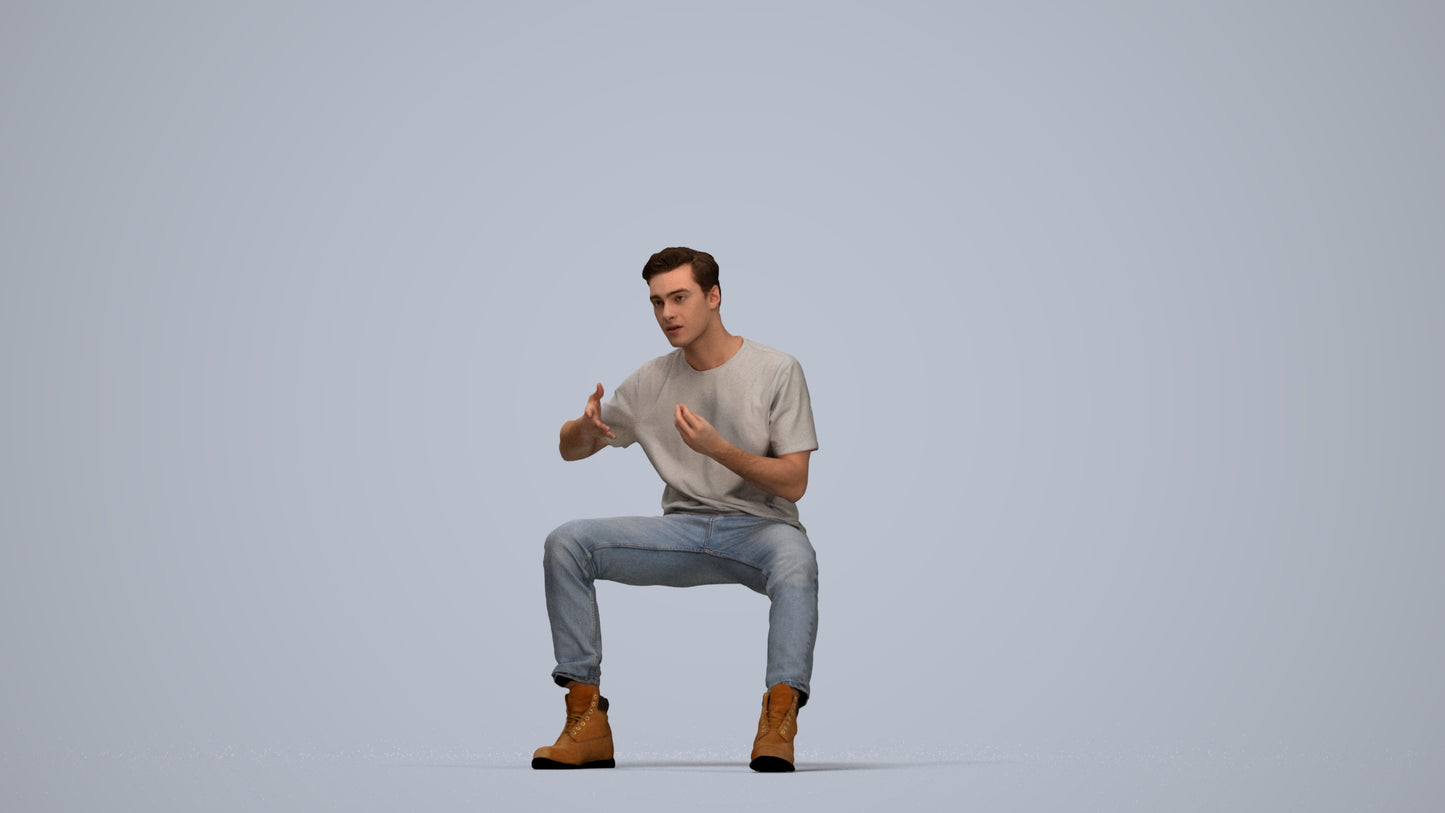 realistic 3D man casual sitting, scanned archviz people for Blender and 3ds Max, top-down view render