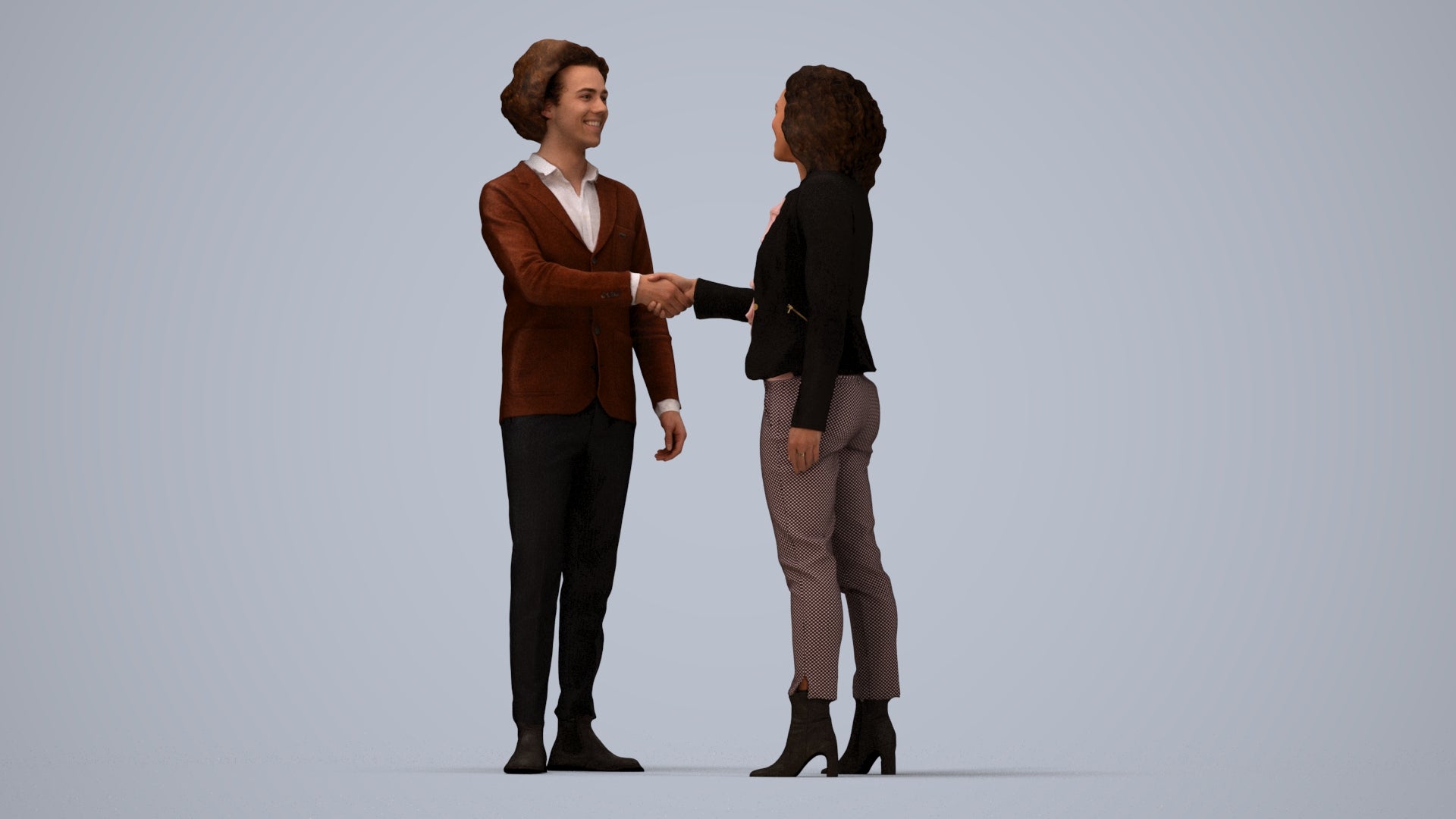 3D human model woman business, photogrammetry scanned person for archviz, top-down view render