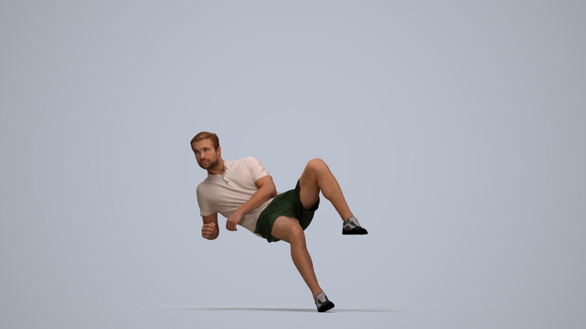 3D human model man casual sitting, photogrammetry scanned person for archviz, top-down view render