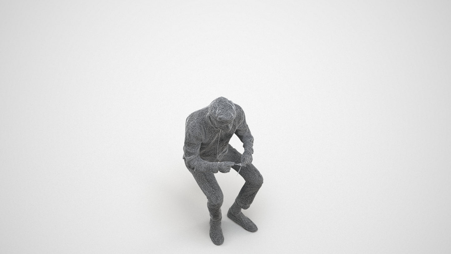 scanned 3D man casual sitting, photogrammetry people for Enscape and V-Ray, wireframe three-quarter view