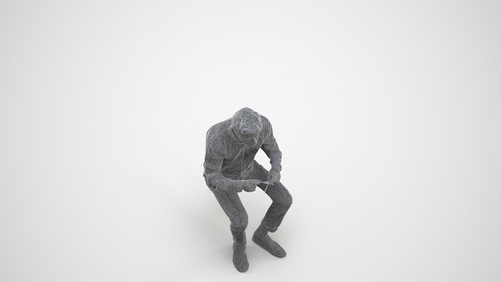 scanned 3D man casual sitting, photogrammetry people for Enscape and V-Ray, wireframe three-quarter view