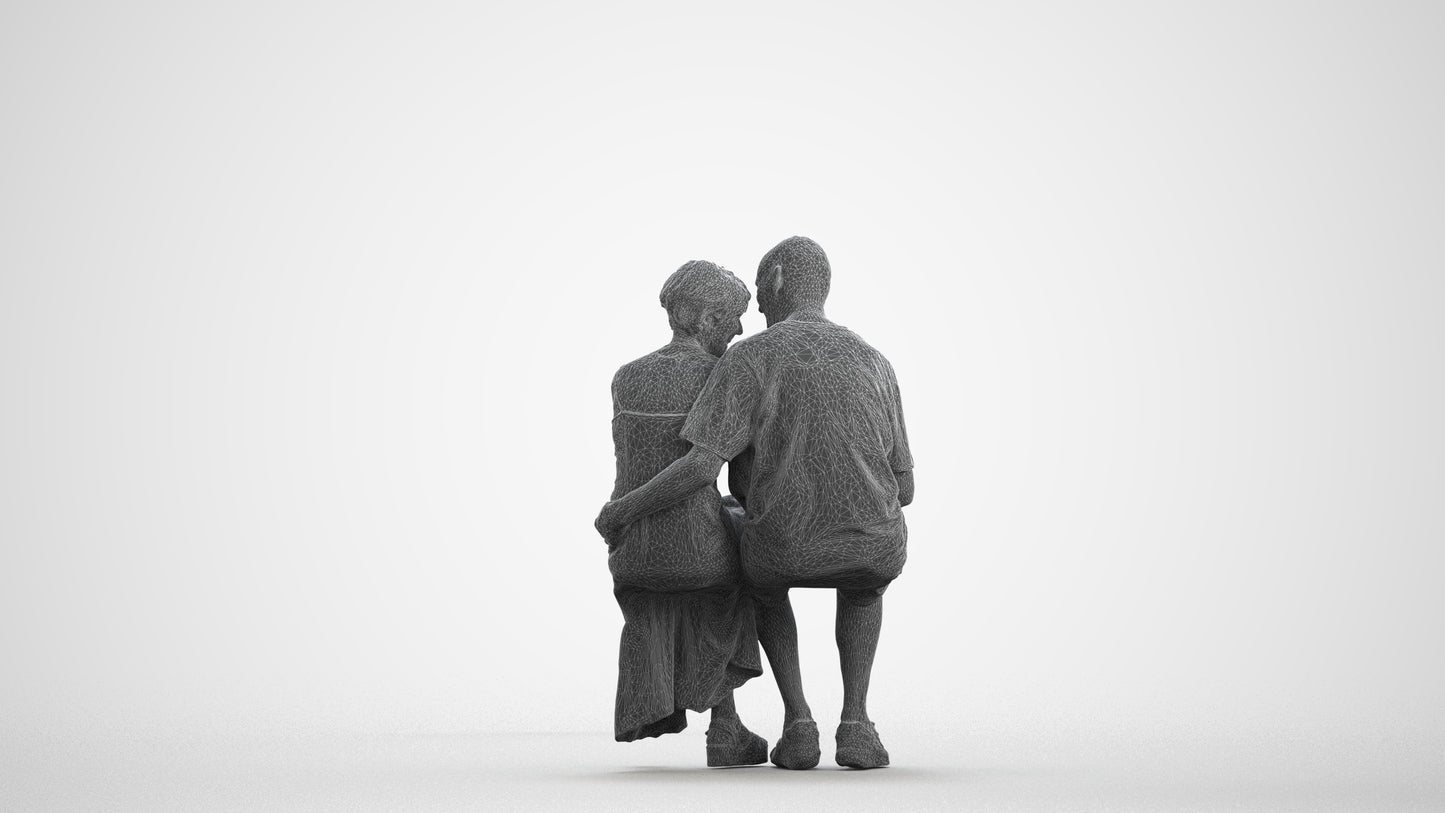 realistic 3D senior woman couple, scanned archviz people for Blender and 3ds Max, wireframe front view