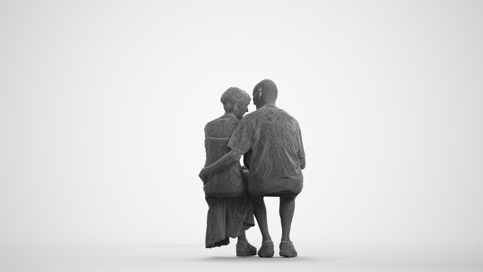 realistic 3D senior woman couple, scanned archviz people for Blender and 3ds Max, wireframe front view