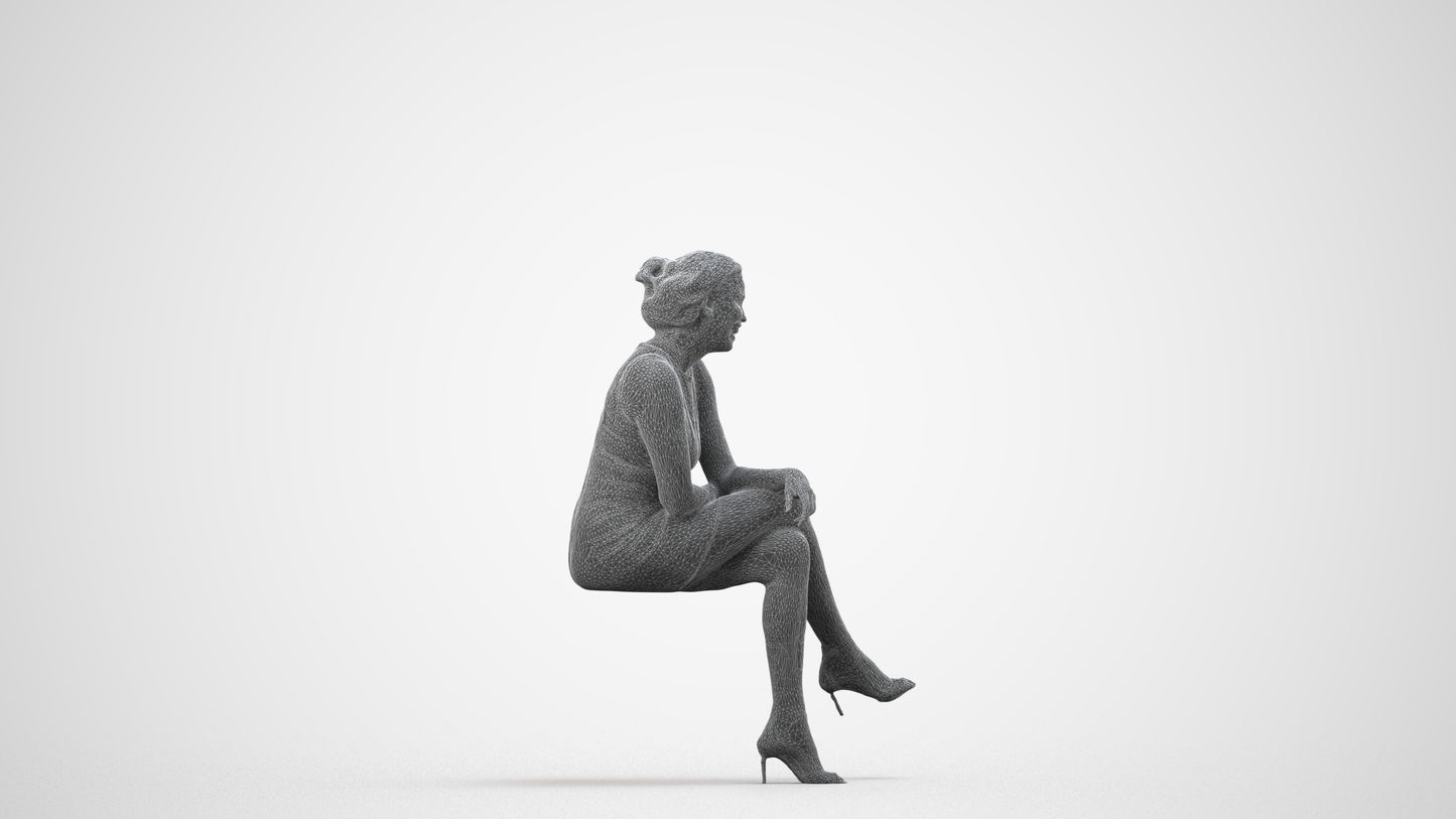 scanned 3D woman casual sitting, photogrammetry people for Enscape and V-Ray, wireframe side view