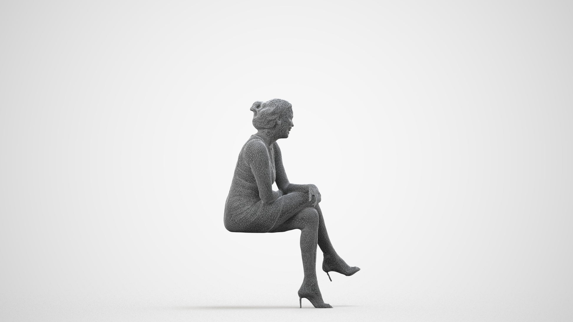 scanned 3D woman casual sitting, photogrammetry people for Enscape and V-Ray, wireframe side view