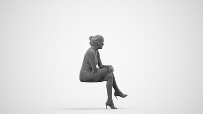 scanned 3D woman casual sitting, photogrammetry people for Enscape and V-Ray, wireframe side view