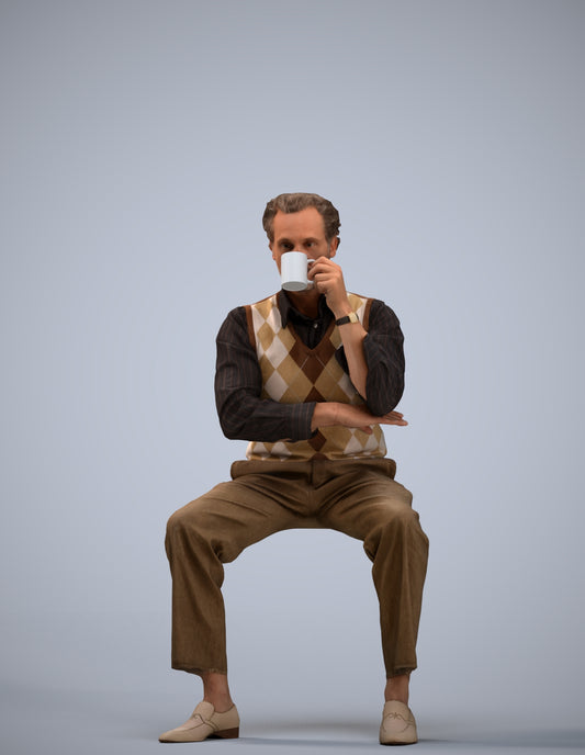 realistic 3D man business sitting, scanned archviz people for Blender and 3ds Max
