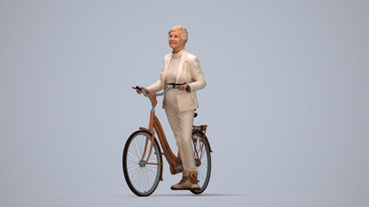 3D human model senior woman business cycling, photogrammetry scanned person for archviz, top-down view render