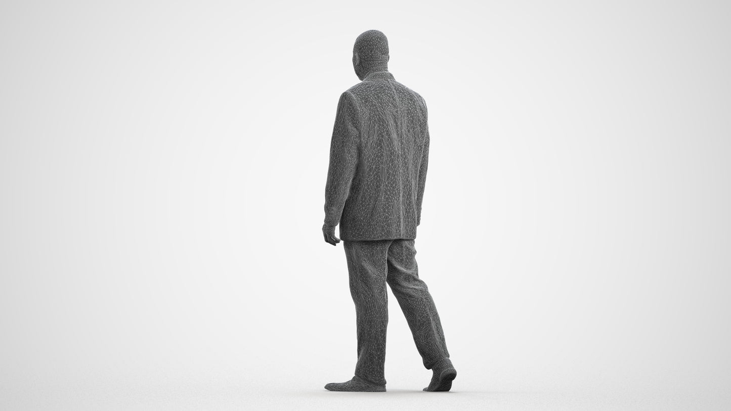 3D scanned man walking business, photorealistic archviz people for Enscape and SketchUp, wireframe front view