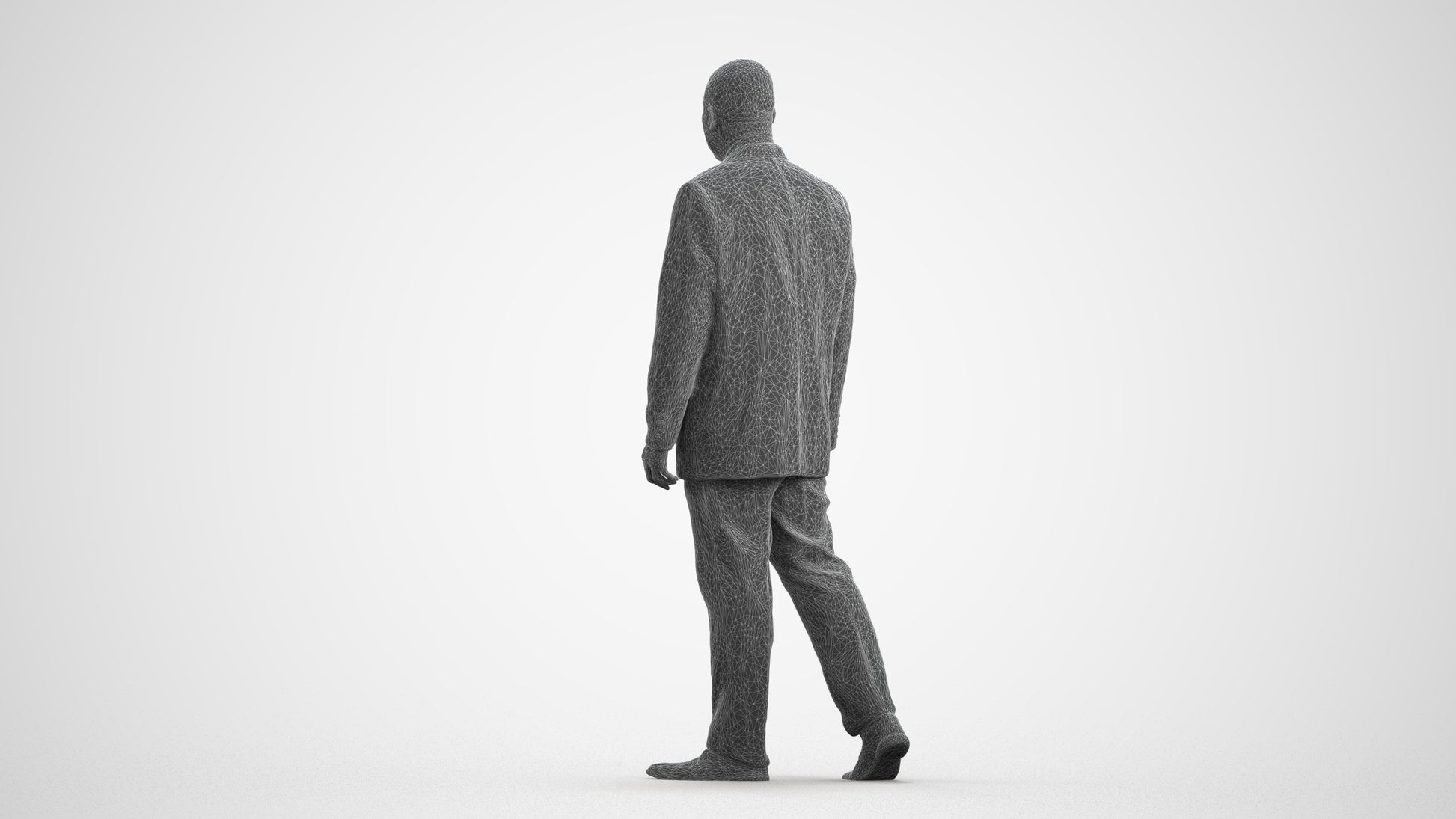 3D scanned man walking business, photorealistic archviz people for Enscape and SketchUp, wireframe front view