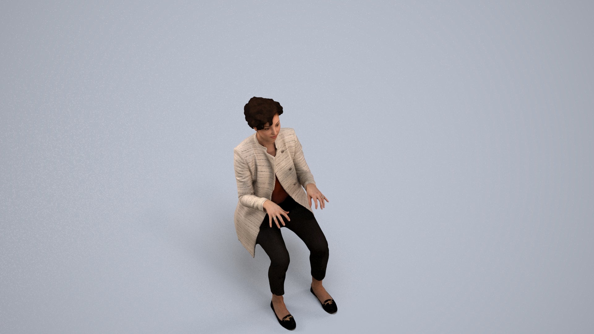 realistic 3D human woman business sitting, archviz people FBX OBJ for Blender, back view render