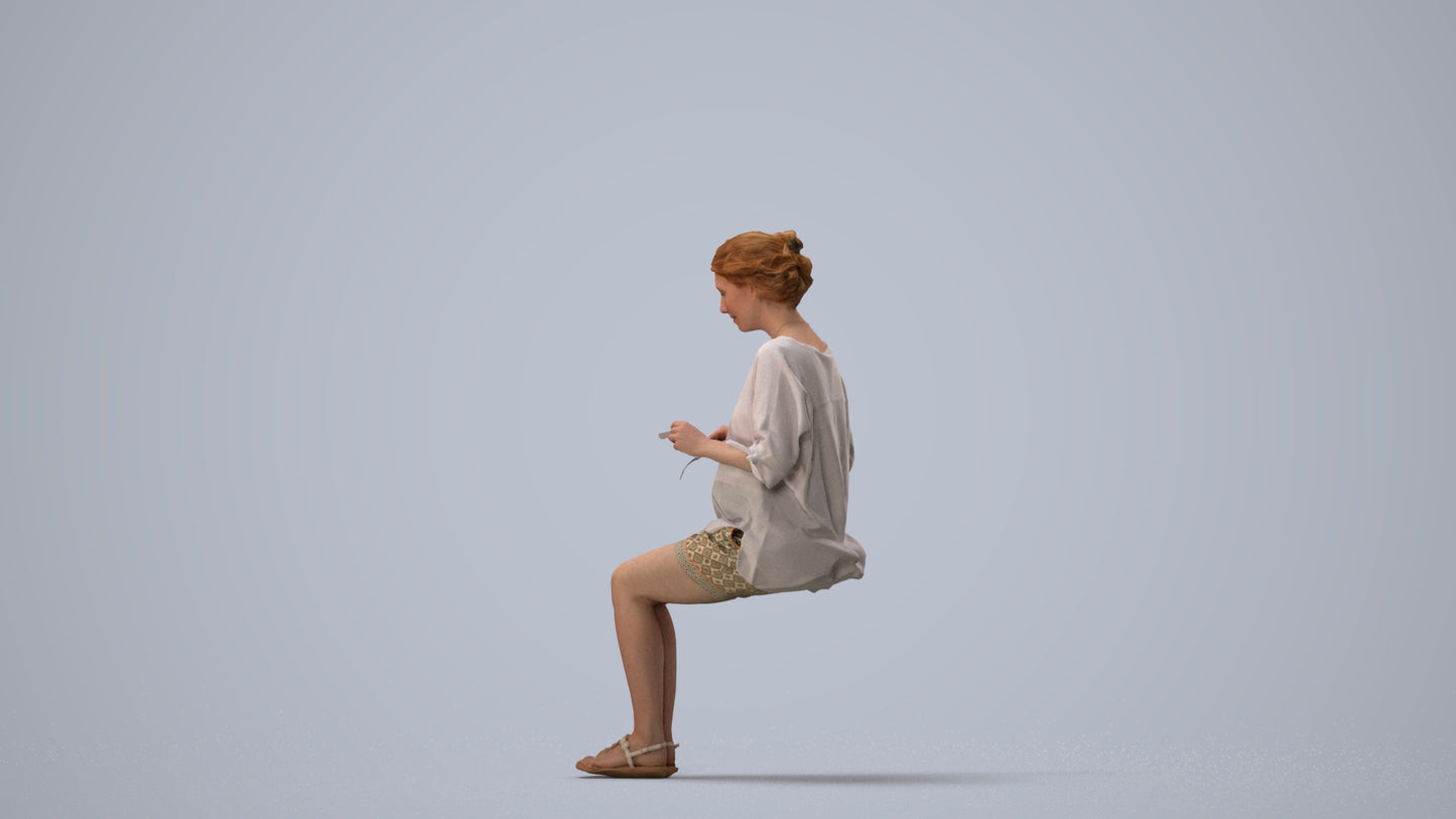 realistic 3D human woman casual sitting, archviz people FBX OBJ for Blender, three-quarter view render