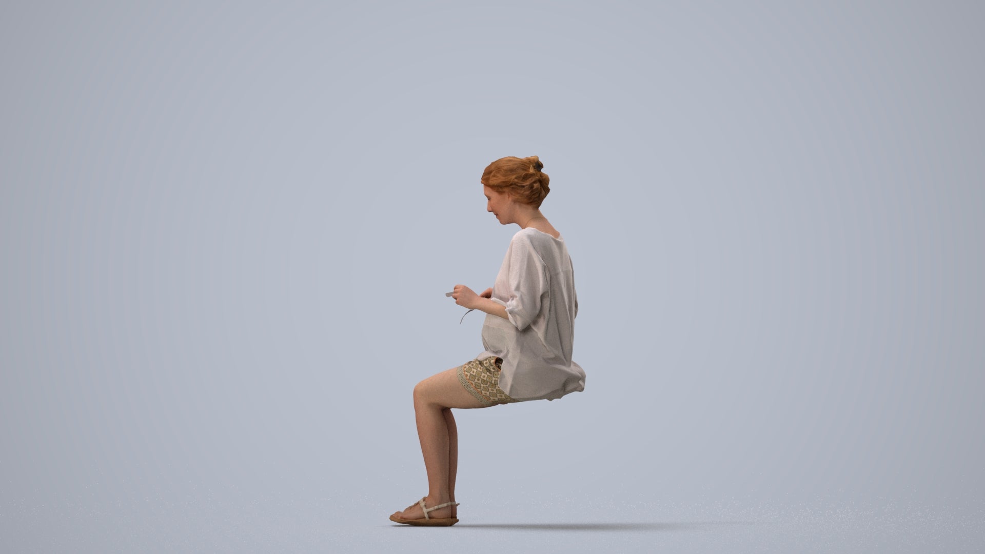 realistic 3D human woman casual sitting, archviz people FBX OBJ for Blender, three-quarter view render