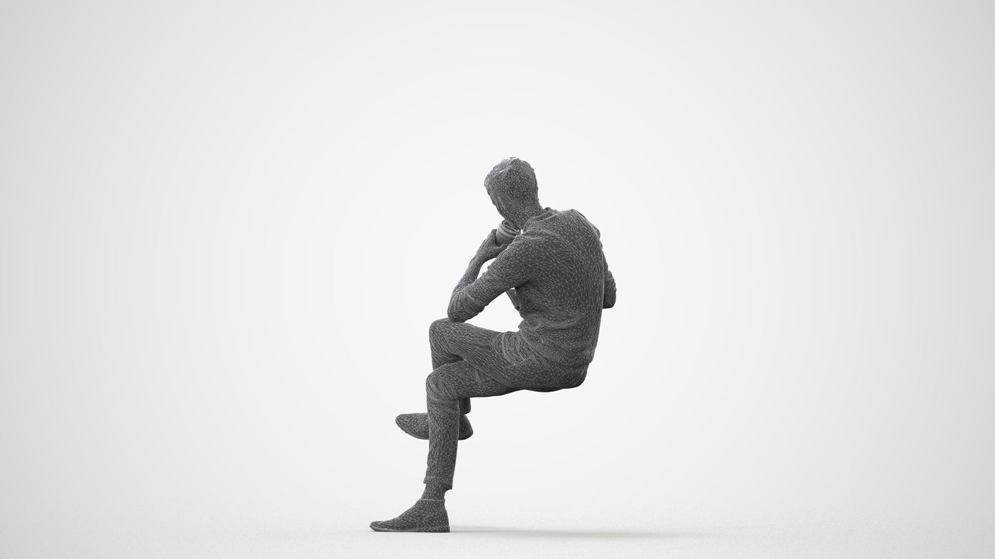photogrammetry 3D man casual sitting, realistic human model archviz FBX, square thumbnail