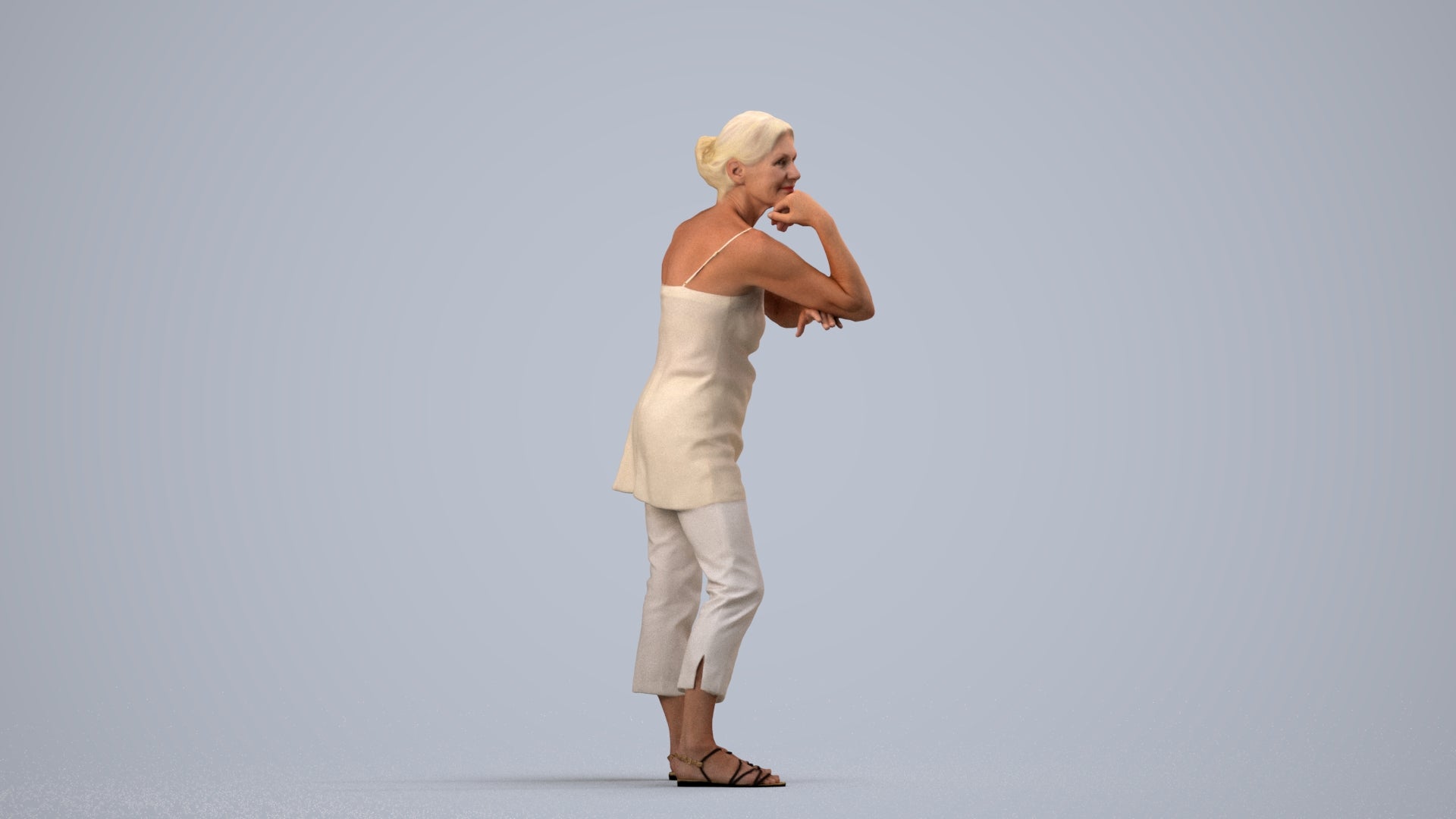 photogrammetry 3D senior woman casual standing, realistic human model archviz FBX, side view render