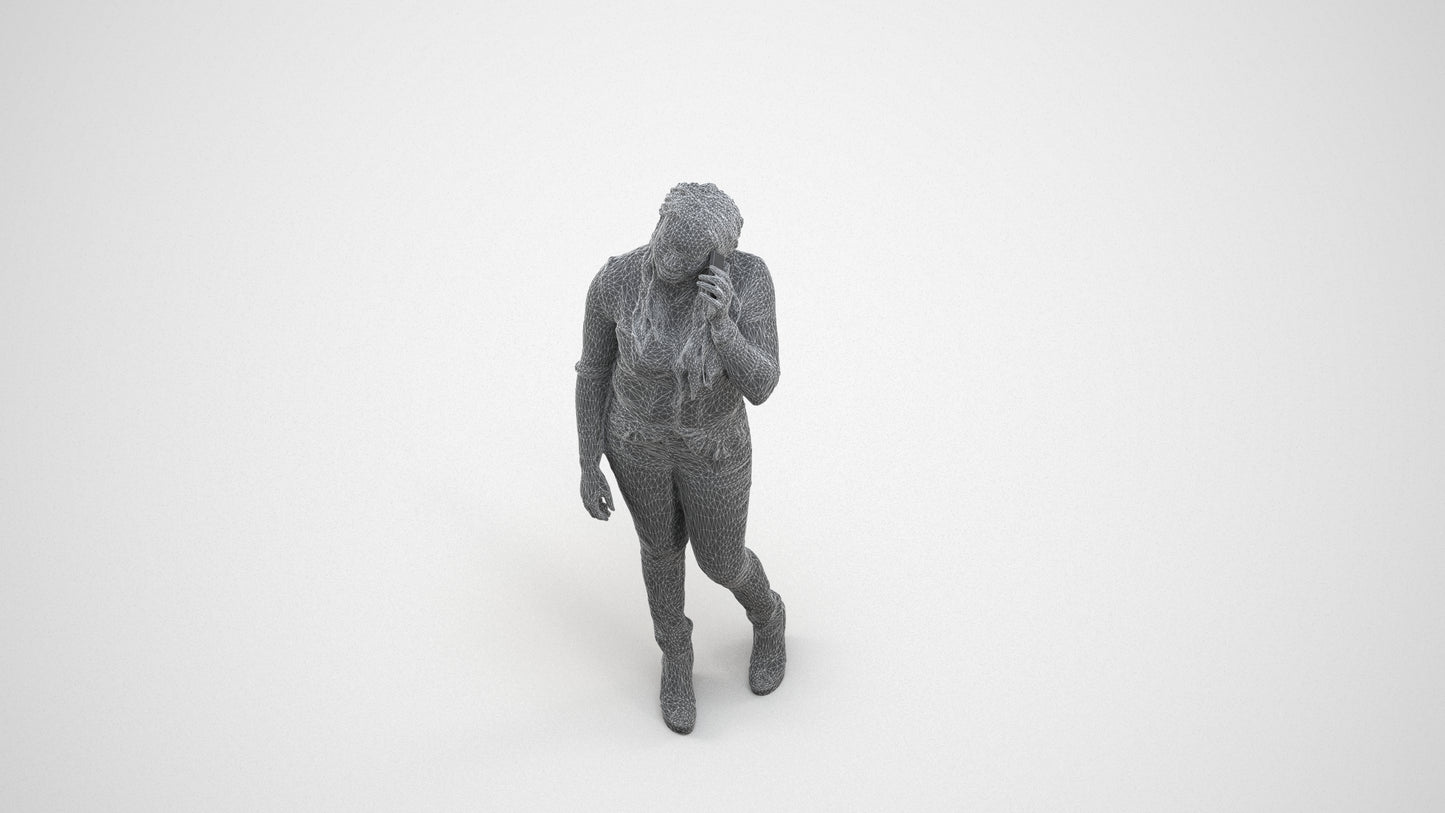 realistic 3D woman casual standing, scanned archviz people for Blender and 3ds Max, wireframe three-quarter view