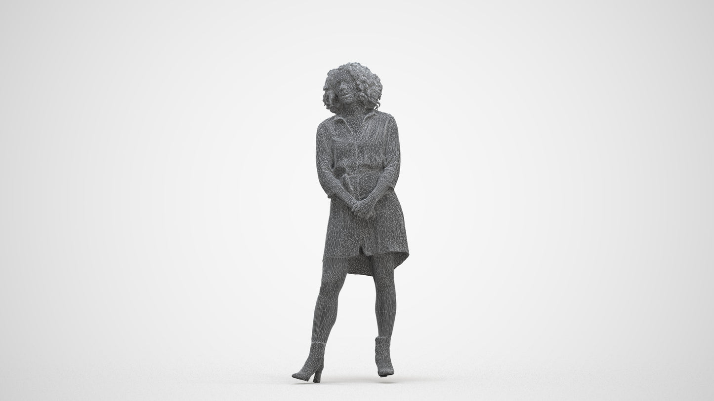 3D human model woman casual standing, photogrammetry scanned person for archviz, three-quarter front view render