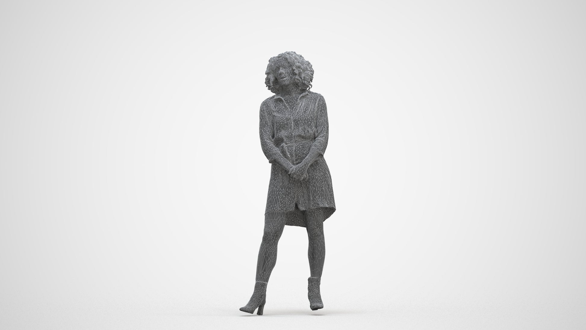 3D human model woman casual standing, photogrammetry scanned person for archviz, three-quarter front view render