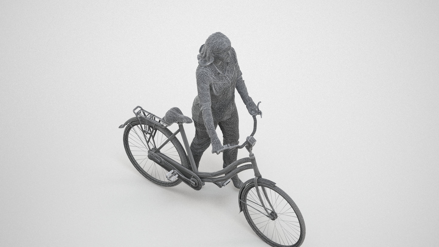 3D human model woman casual walking, photogrammetry scanned person for archviz, wireframe three-quarter view
