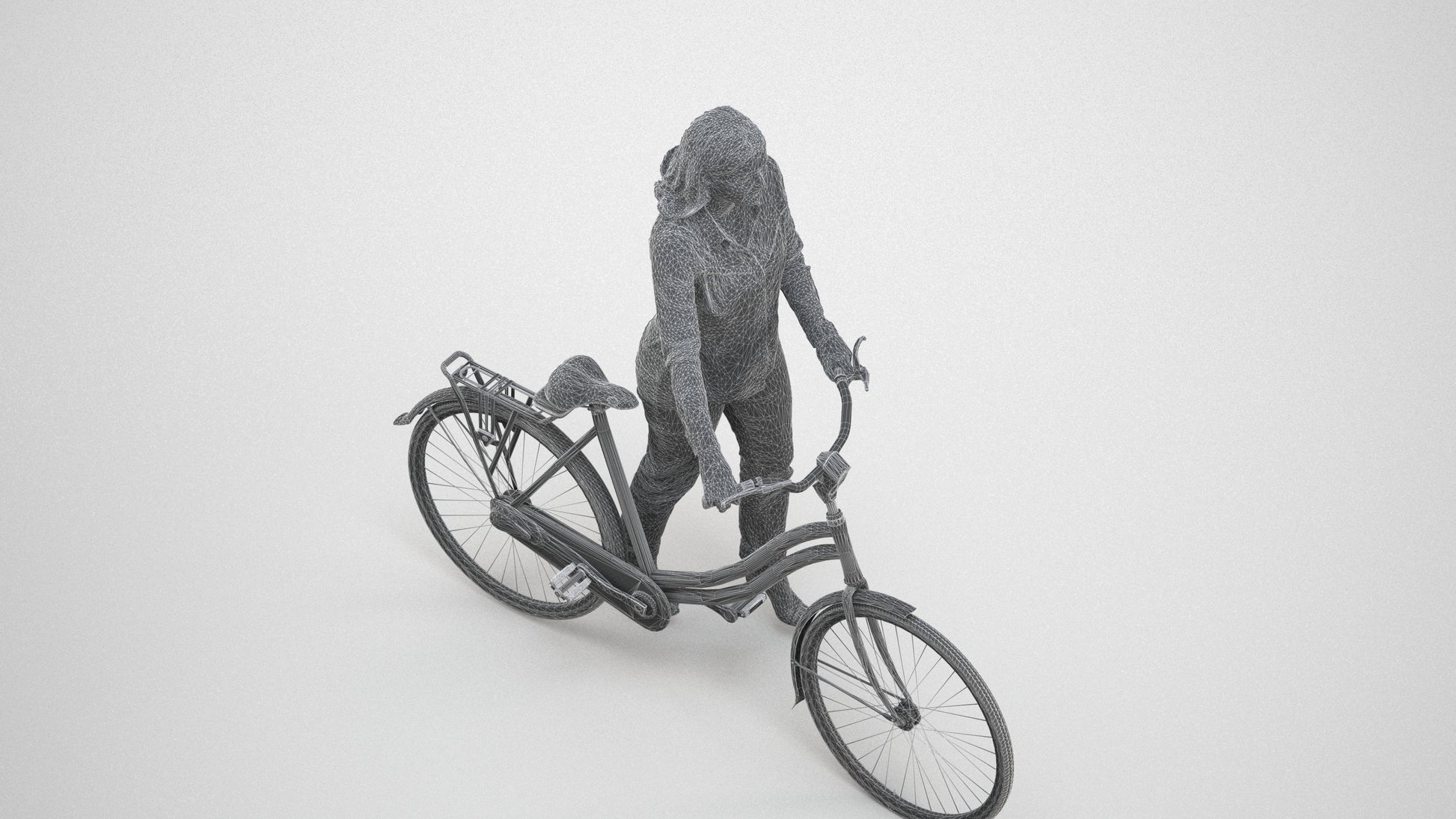 3D human model woman casual walking, photogrammetry scanned person for archviz, wireframe three-quarter view