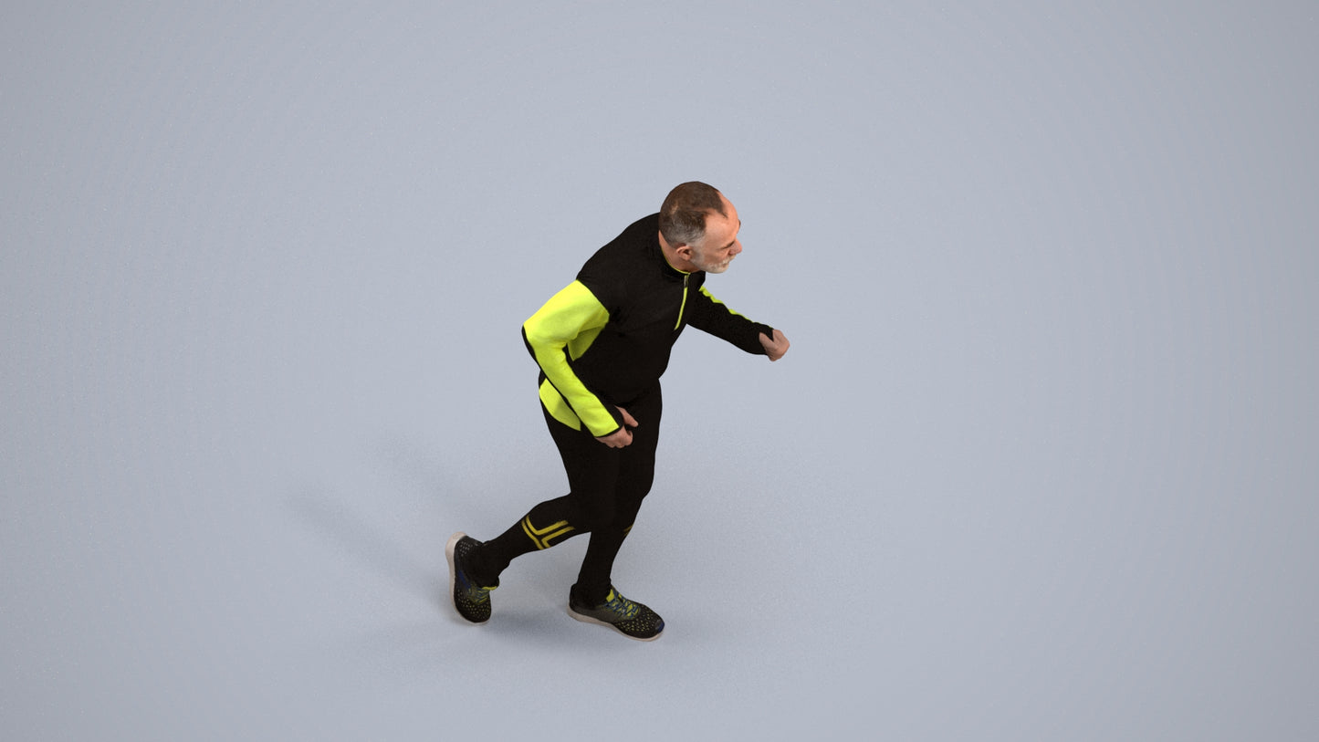realistic 3D senior man sport, scanned archviz people for Blender and 3ds Max, back view render