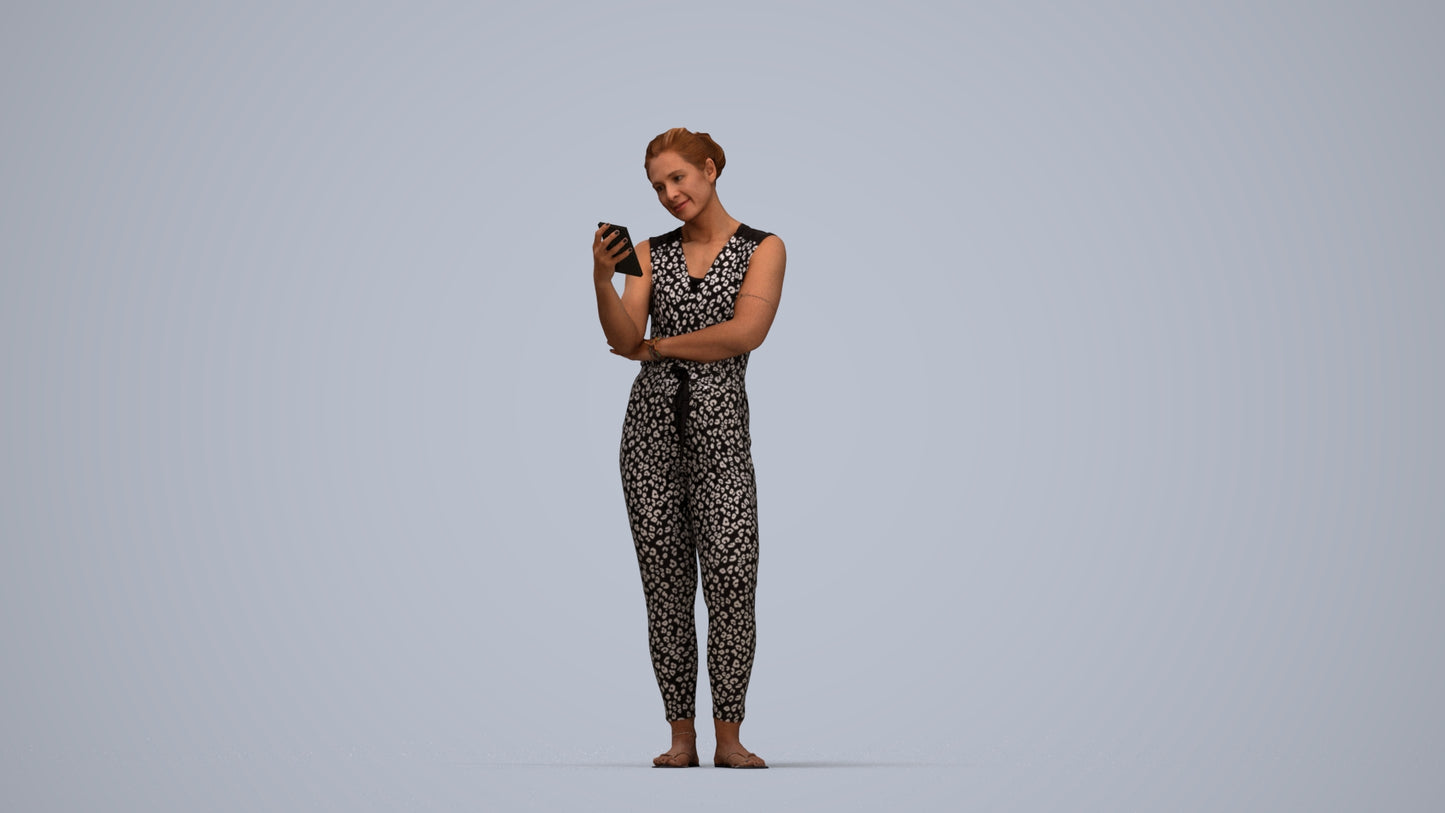 3D human model woman casual standing, photogrammetry scanned person for archviz, top-down view render