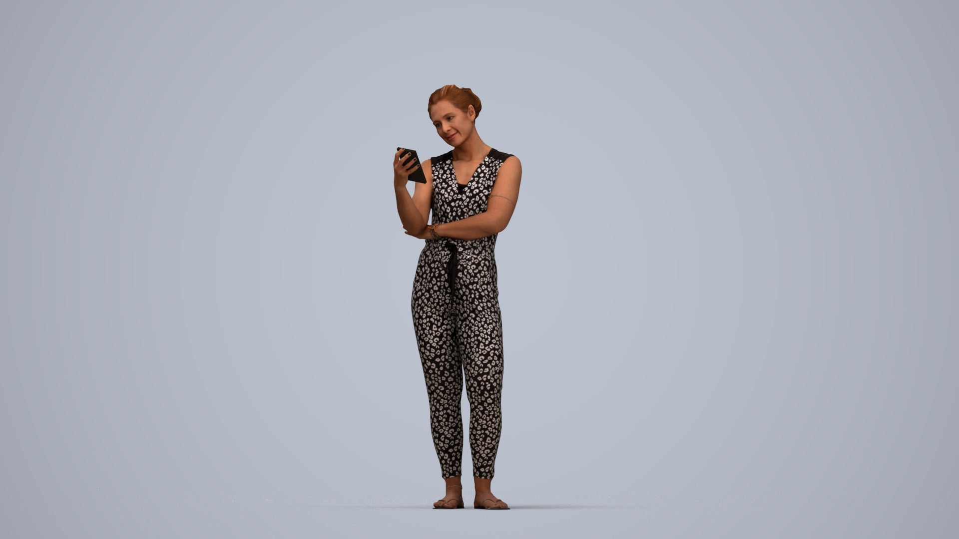 3D human model woman casual standing, photogrammetry scanned person for archviz, top-down view render