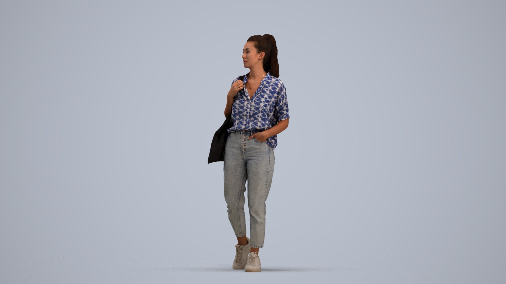 realistic 3D woman casual walking, scanned archviz people for Blender and 3ds Max, standing pose render