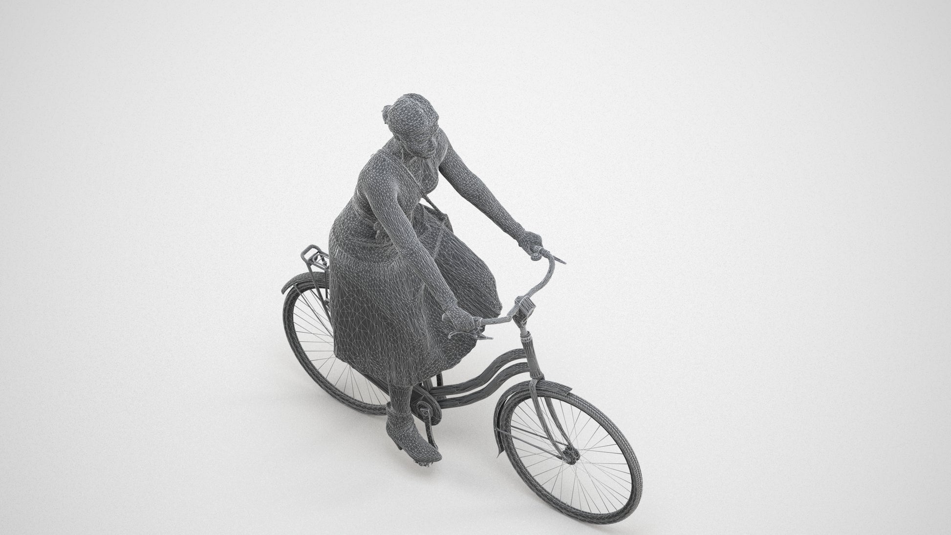 photogrammetry 3D woman casual cycling, realistic human model archviz FBX, wireframe three-quarter view