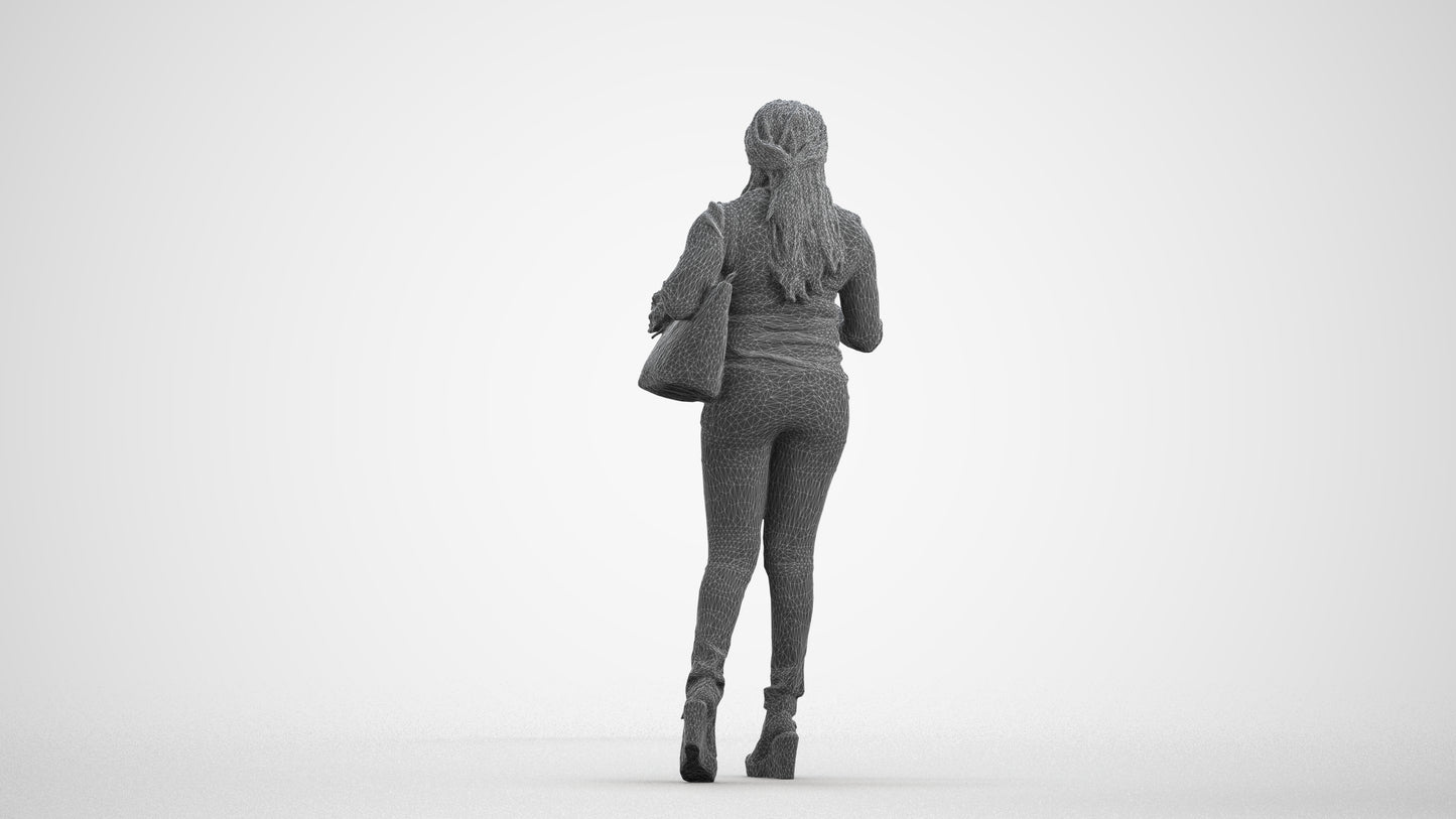 3D scanned woman walking casual, photorealistic archviz people for Enscape and SketchUp, wireframe front view