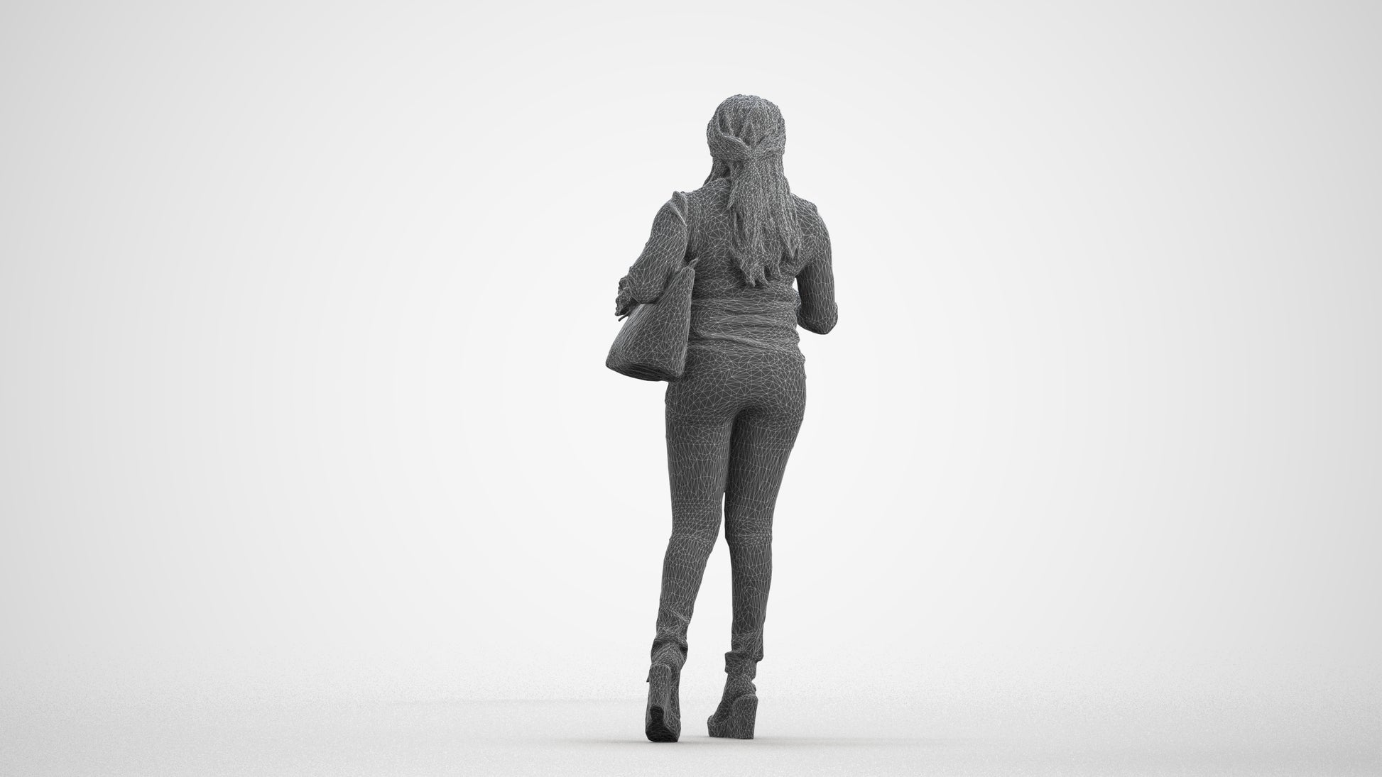 3D scanned woman walking casual, photorealistic archviz people for Enscape and SketchUp, wireframe front view