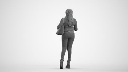 3D scanned woman walking casual, photorealistic archviz people for Enscape and SketchUp, wireframe front view