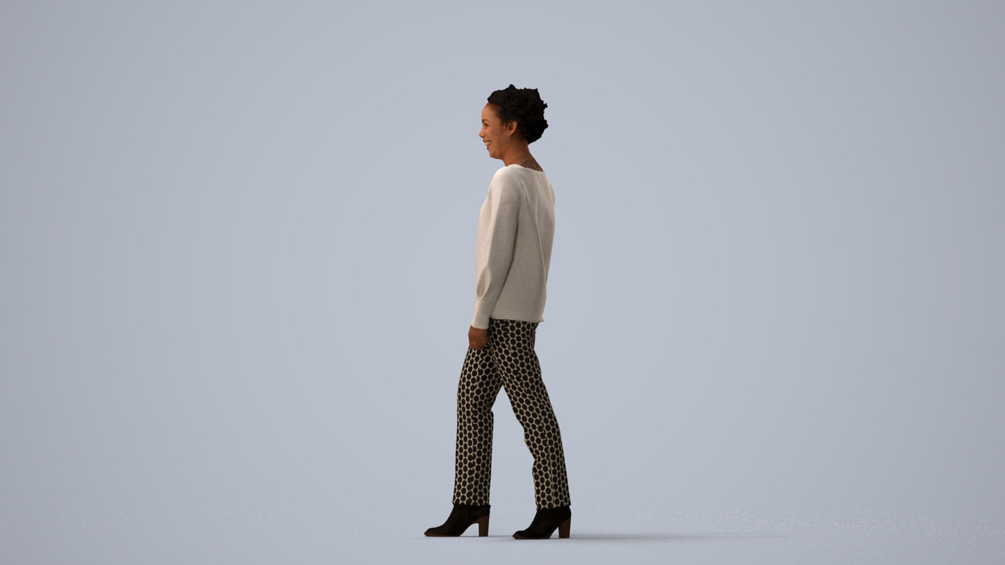 realistic 3D human woman casual walking, archviz people FBX OBJ for Blender, three-quarter view render