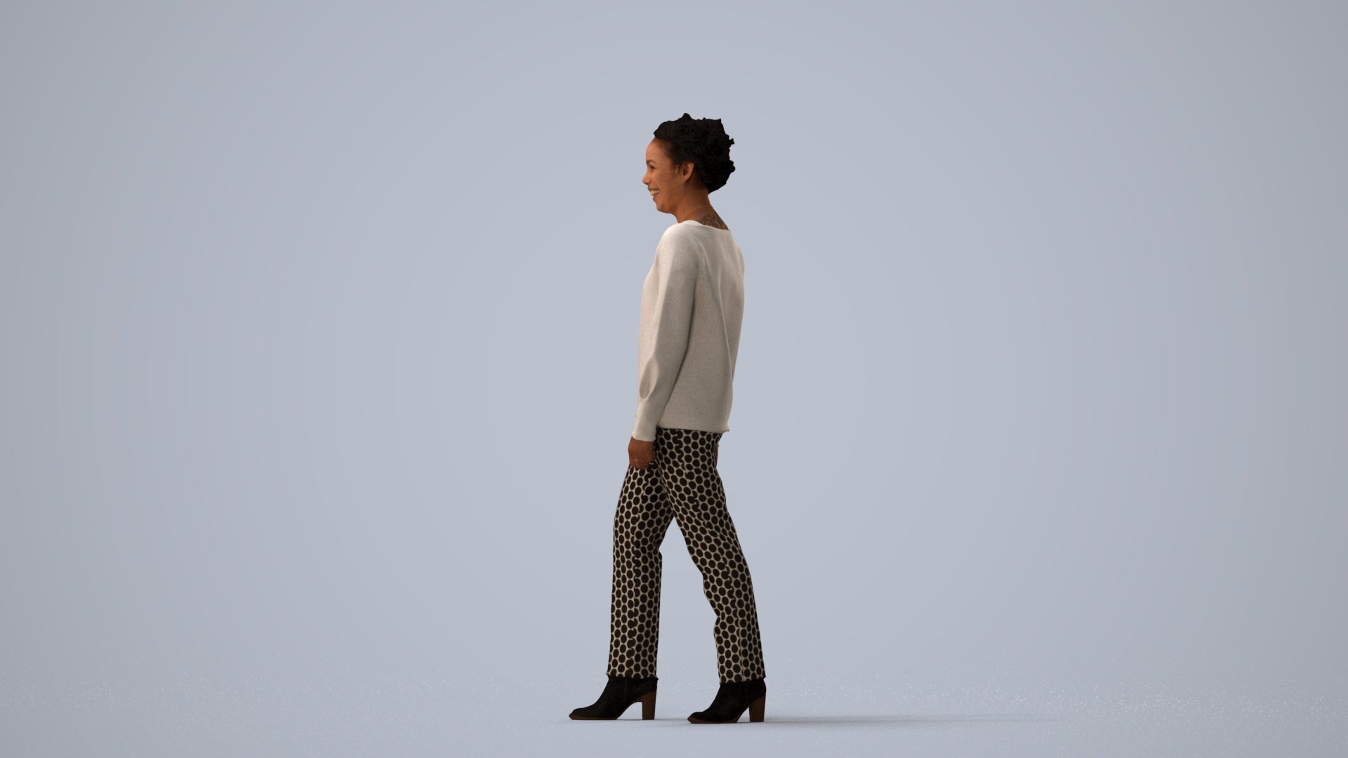 realistic 3D human woman casual walking, archviz people FBX OBJ for Blender, three-quarter view render